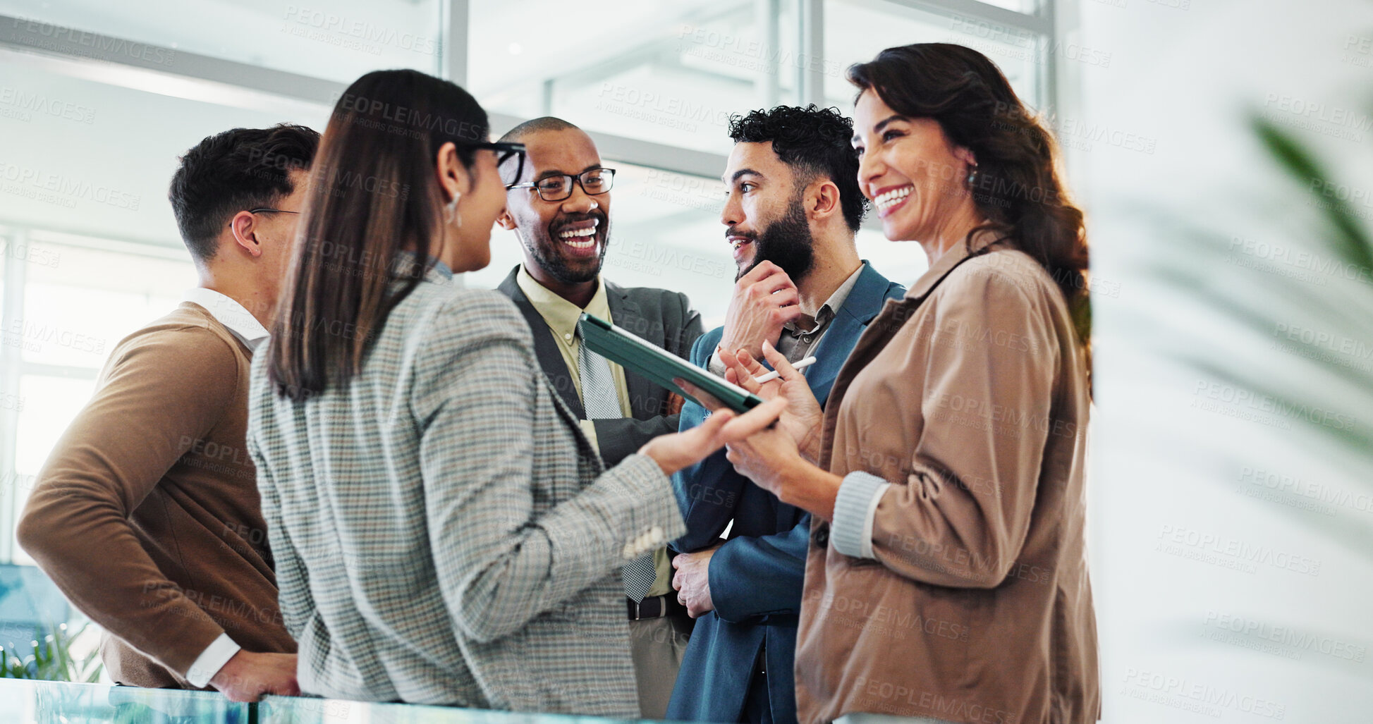 Buy stock photo People, happy and meeting in lobby for business, positive feedback and discussion with tablet. Employees, excited and chat in office for company news, successful campaign and planning with diversity