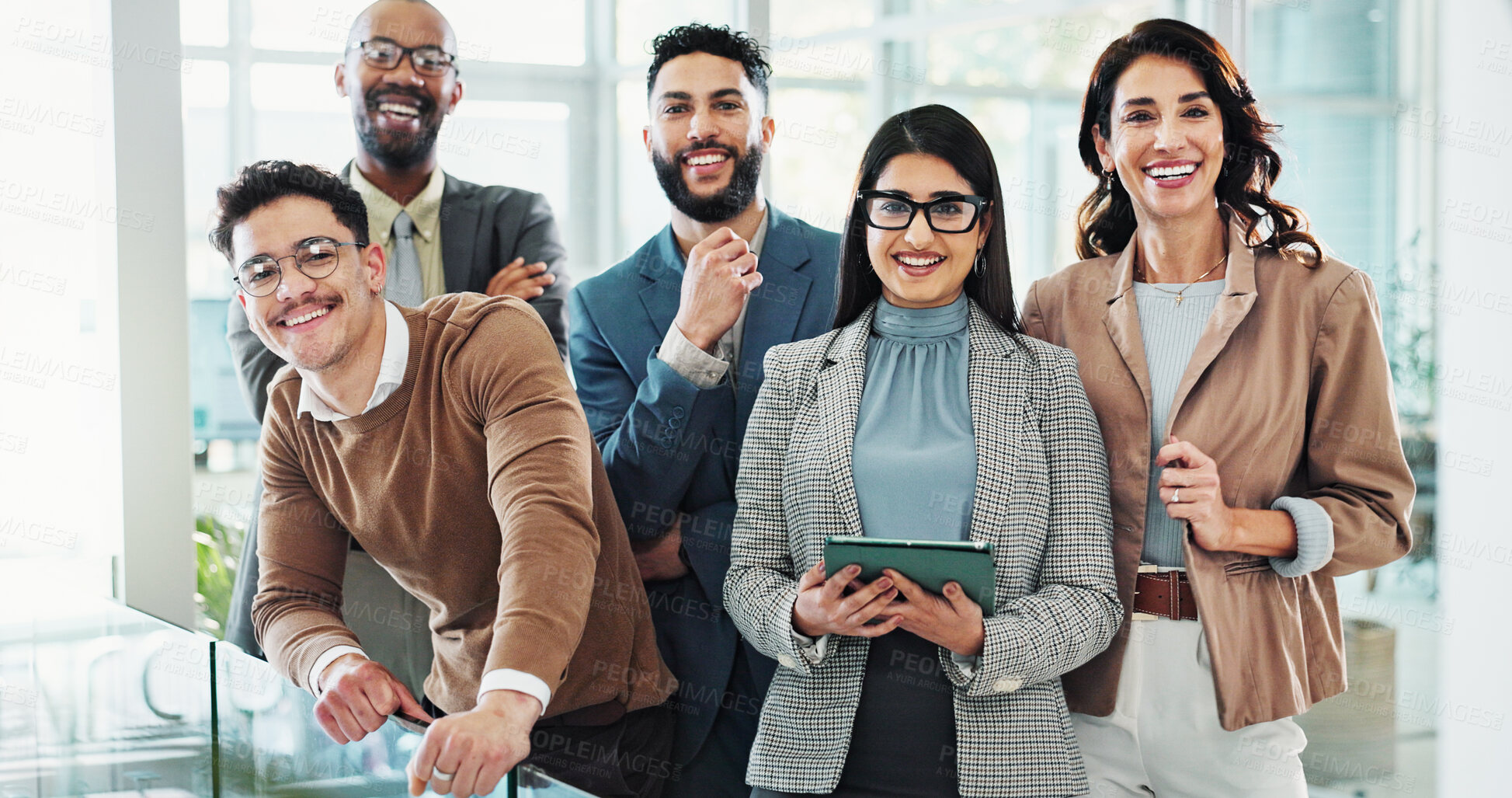 Buy stock photo Portrait, legal team and about us in office as colleagues, professional and together in law firm. Happy people, technology and confidence as staff, advisor and consultant in company for collaboration