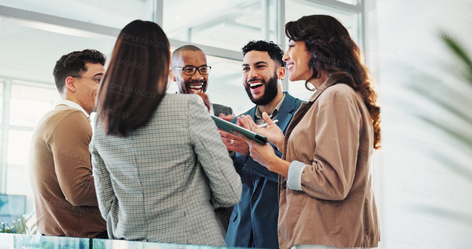 Buy stock photo People, laugh and meeting in lobby for business, positive feedback and discussion with tablet. Employees, excited or chat in office for company news, successful campaign or socializing with diversity