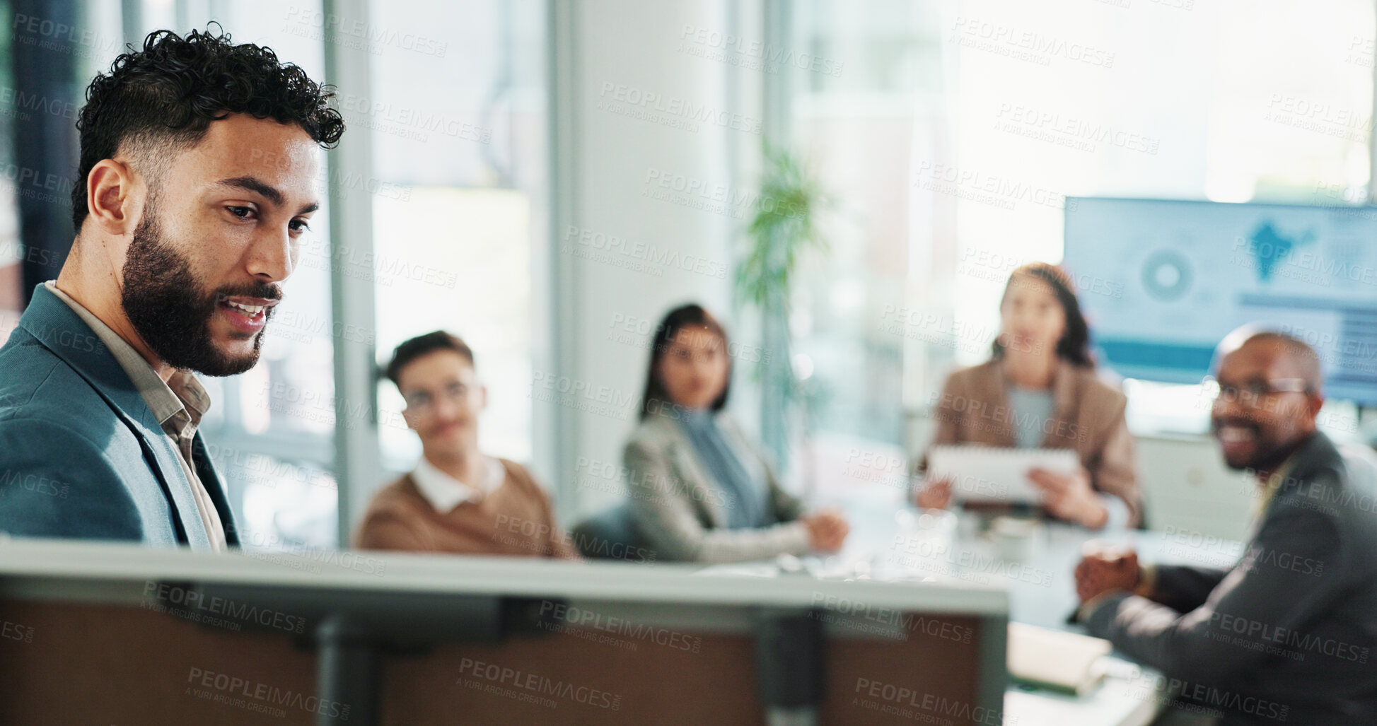 Buy stock photo Team, business man and whiteboard for presentation, training or compliance officer coaching in company. Group, leader and workshop meeting for learning rules, policy brainstorming ideas for project