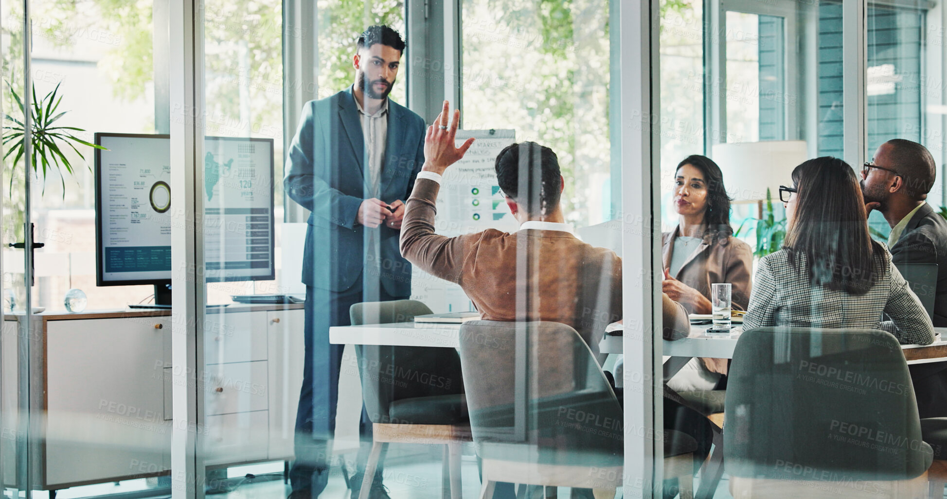Buy stock photo Business people, meeting and raised hand with question for presentation, analytics or engagement at office. Group, employees and worker with answer, solution or idea for company growth in boardroom