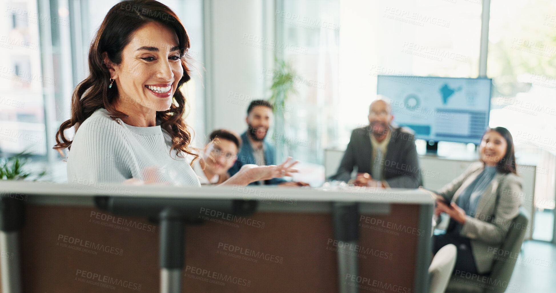 Buy stock photo Manager, happy businesswoman and whiteboard for presentation, training and coaching for investment. Team, leader and workshop meeting for learning, pitch ideas or brainstorming for finance in office