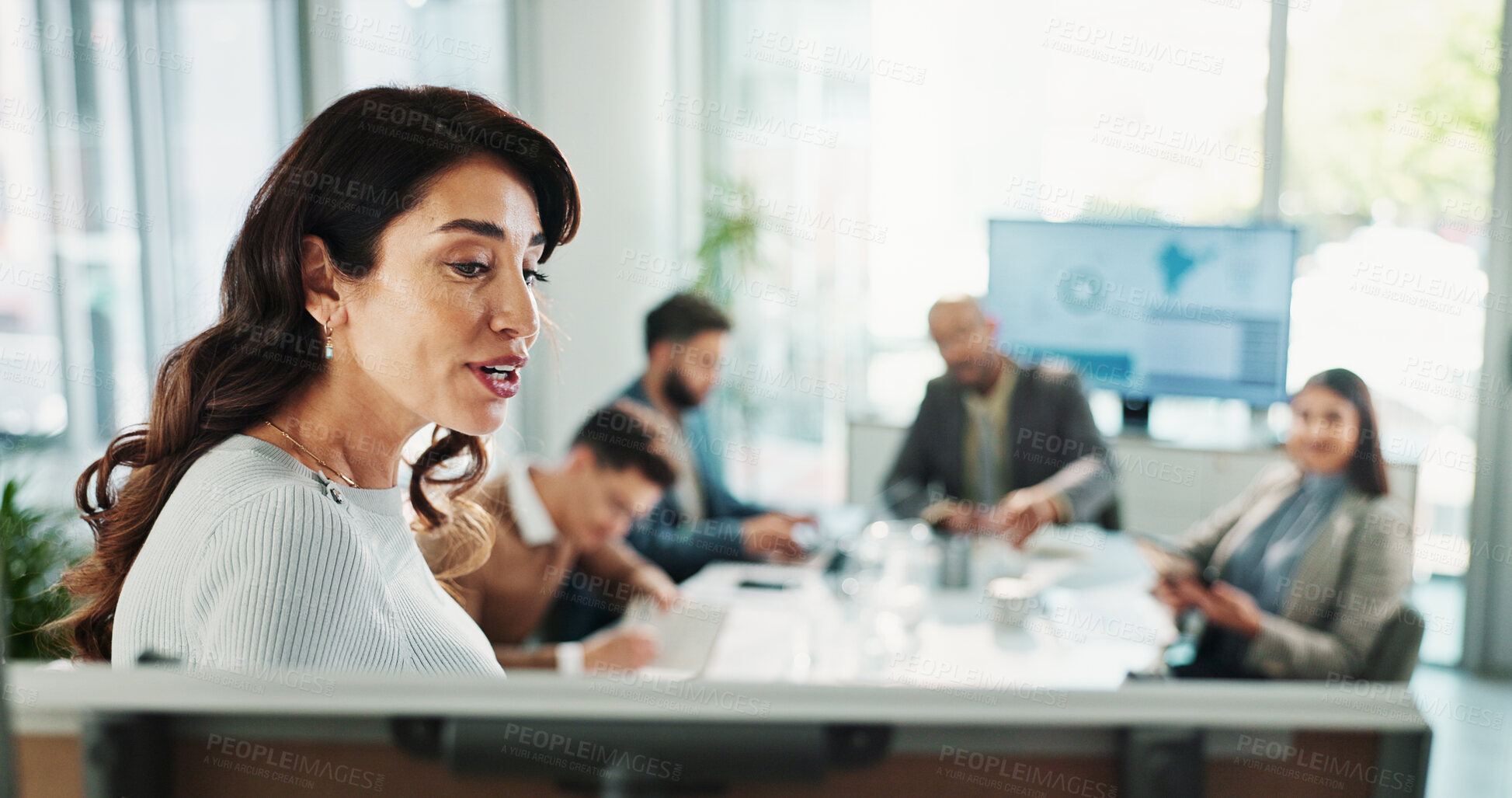 Buy stock photo Leader, business woman and whiteboard for presentation, training or compliance officer coaching. Team, manager and workshop meeting for learning rules, proposal and brainstorming ideas in company