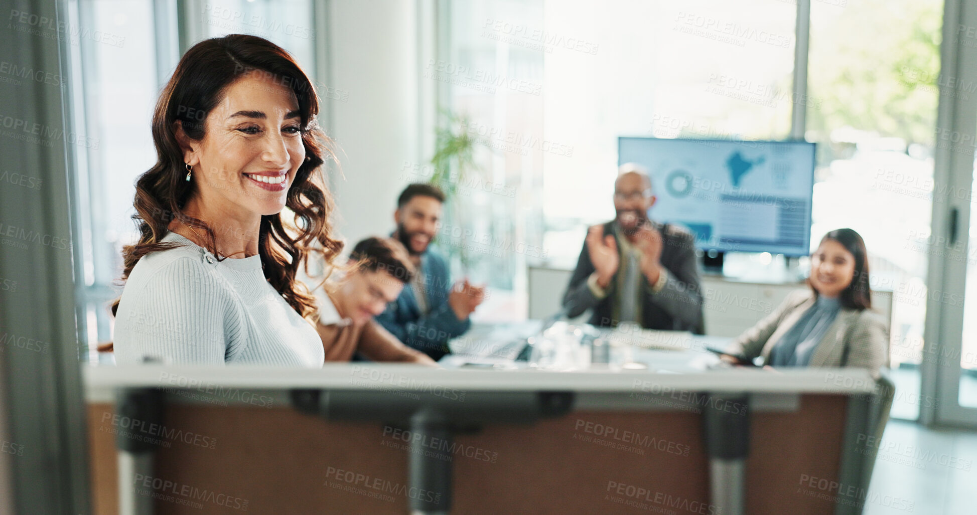 Buy stock photo Leader, happy businesswoman and whiteboard for presentation, training and coaching for investment. Team applause, manager or workshop meeting for learning, pitch ideas or praise for success in office