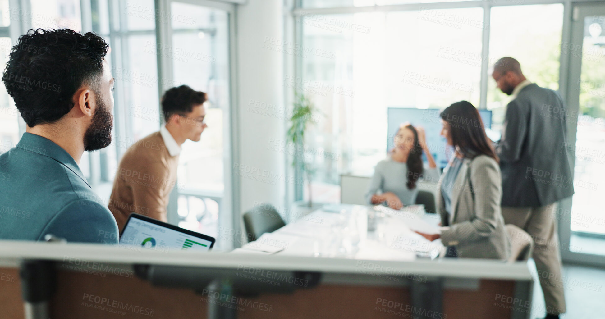 Buy stock photo Manager, businessman and whiteboard for presentation, data and training for investment. Team, leader and workshop meeting for learning with tablet for market demographics, finance and stats in office