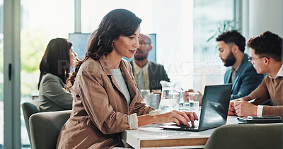 Buy stock photo Business woman, laptop and research in meeting with project administration, proposal and planning in office. Manager, tech and diversity with typing report for discussion, feedback and communication