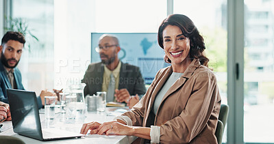 Buy stock photo Business woman, portrait and laptop with website research, proposal and planning in meeting at finance job. Office, accountant or online bookkeeper with computer for company revenue, growth and news