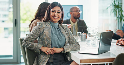 Buy stock photo Business woman, portrait and laptop with research, proposal and planning in meeting at finance job. Office, accountant or online bookkeeper with website for company revenue, growth and opportunity