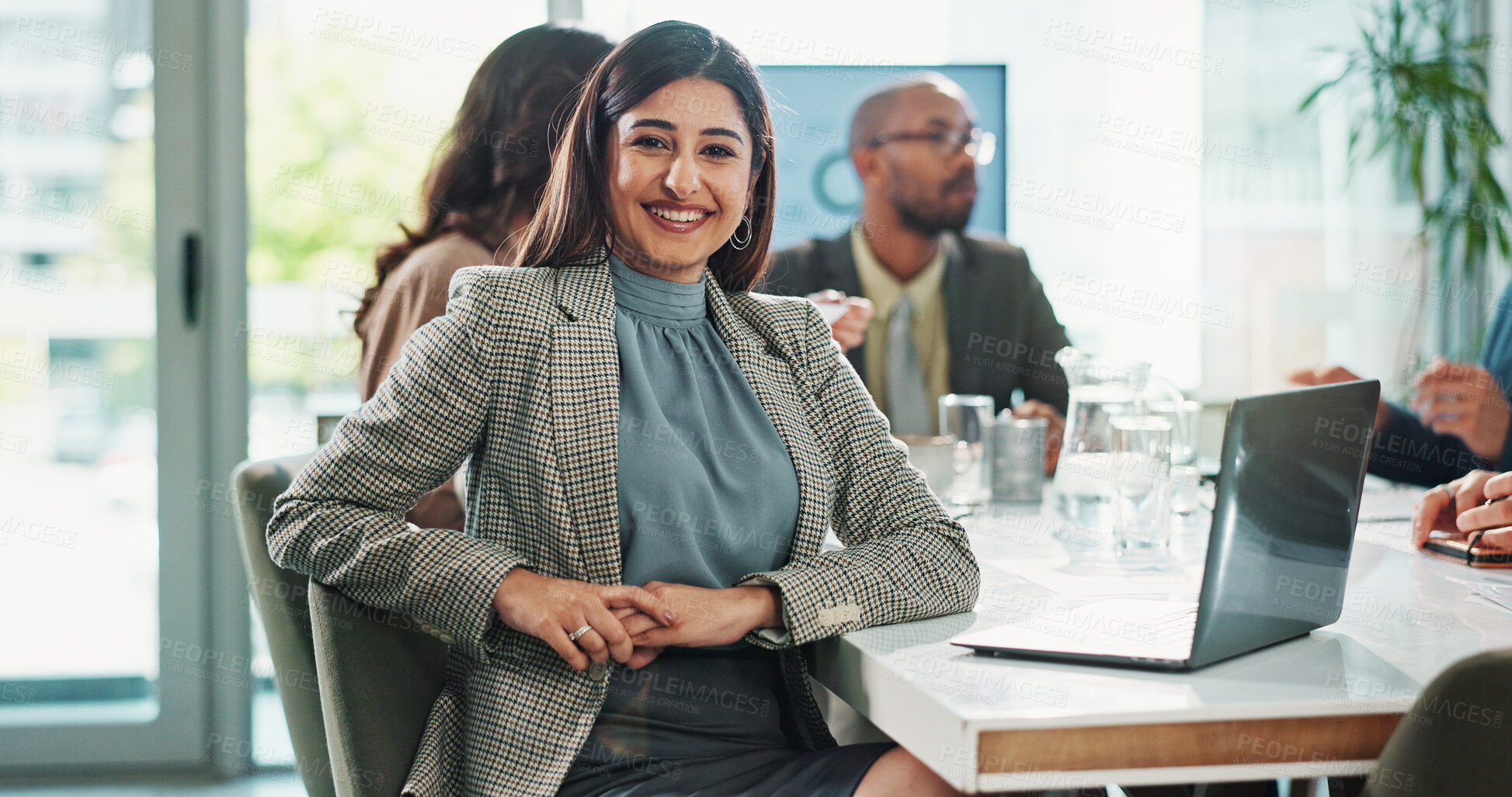 Buy stock photo Business woman, portrait and laptop with research, proposal and planning in meeting at finance job. Office, accountant or online bookkeeper with website for company revenue, growth and opportunity