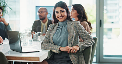 Buy stock photo Business woman, portrait and laptop with meeting, proposal and planning for research at finance job. Office, accountant or online bookkeeper with website for company revenue, growth and opportunity