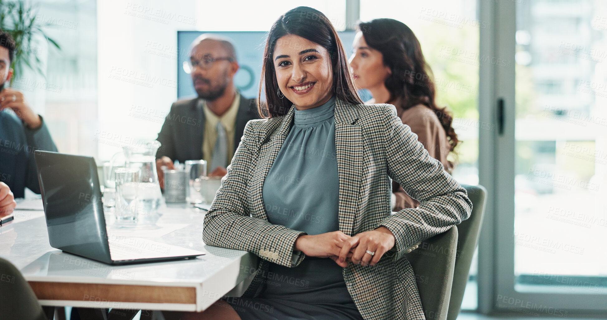 Buy stock photo Business woman, portrait and laptop with meeting, proposal and planning for research at finance job. Office, accountant or online bookkeeper with website for company revenue, growth and opportunity