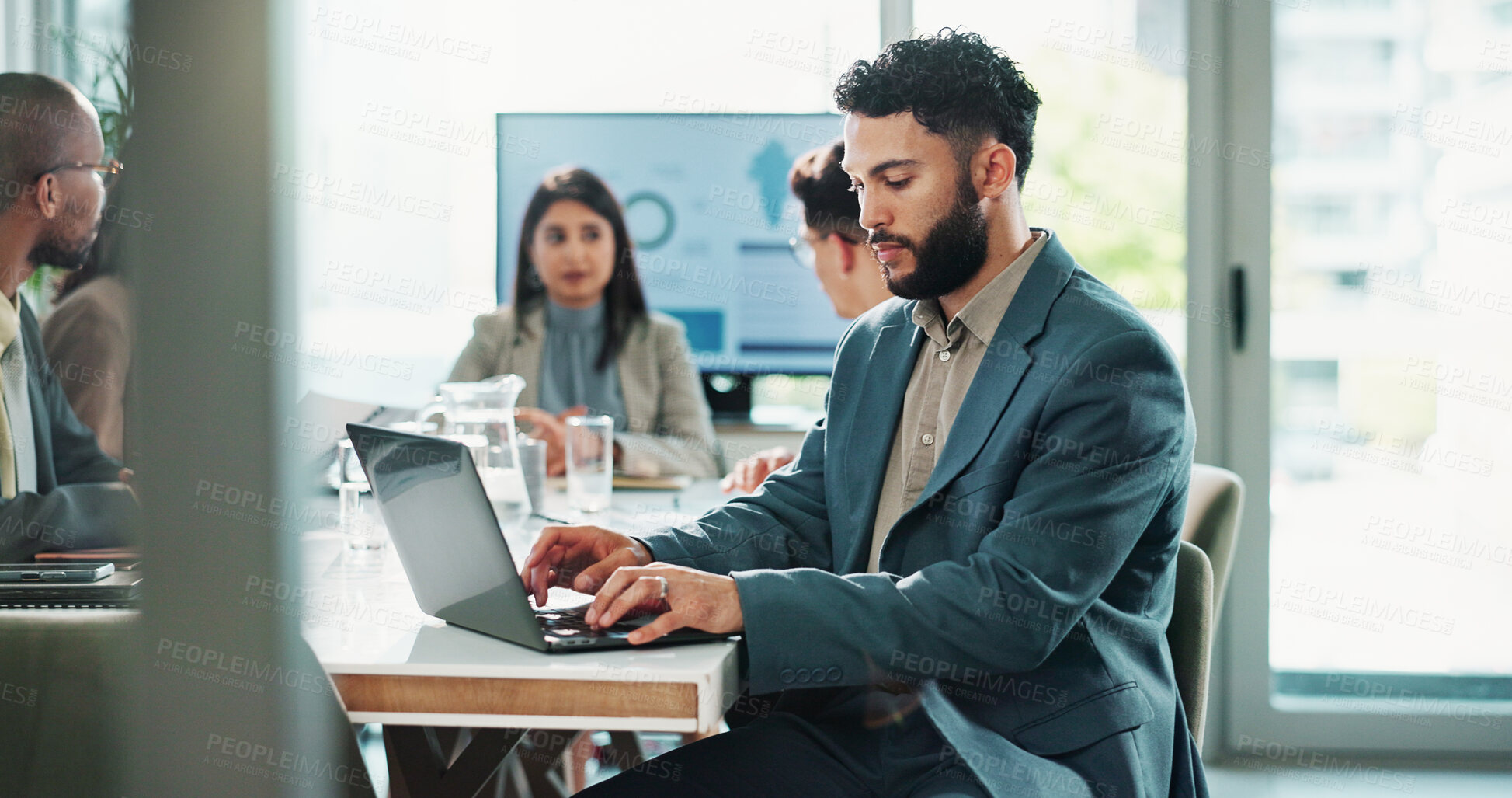 Buy stock photo Businessman, laptop and research in meeting with project administration, proposal and planning in office. Manager, tech and diversity with typing report for discussion, feedback and communication