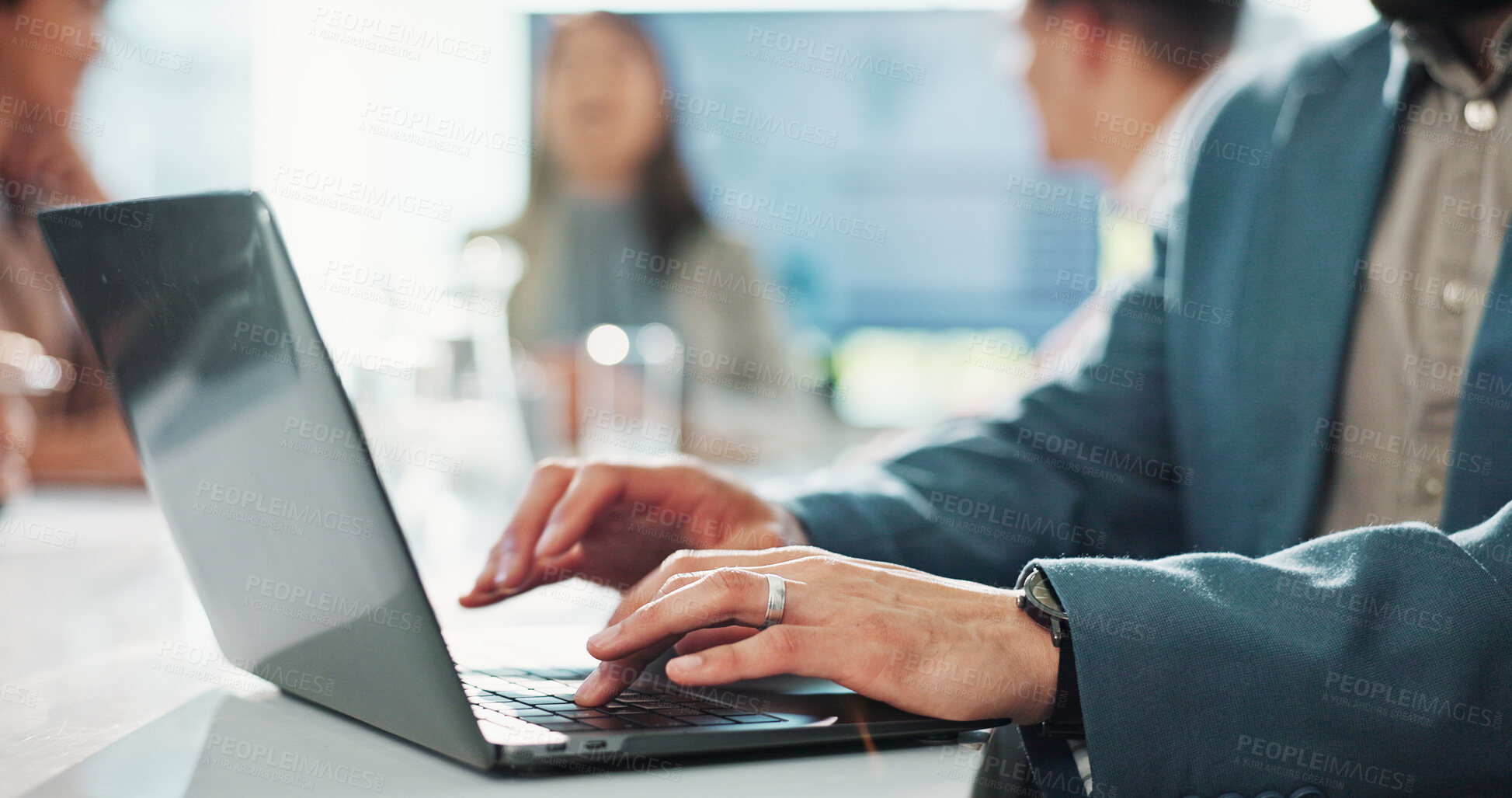 Buy stock photo Businessman, hands and typing on laptop in meeting for minutes, notes and email in office. Finance person, budget conference and tech in boardroom for feedback, company update and savings proposal