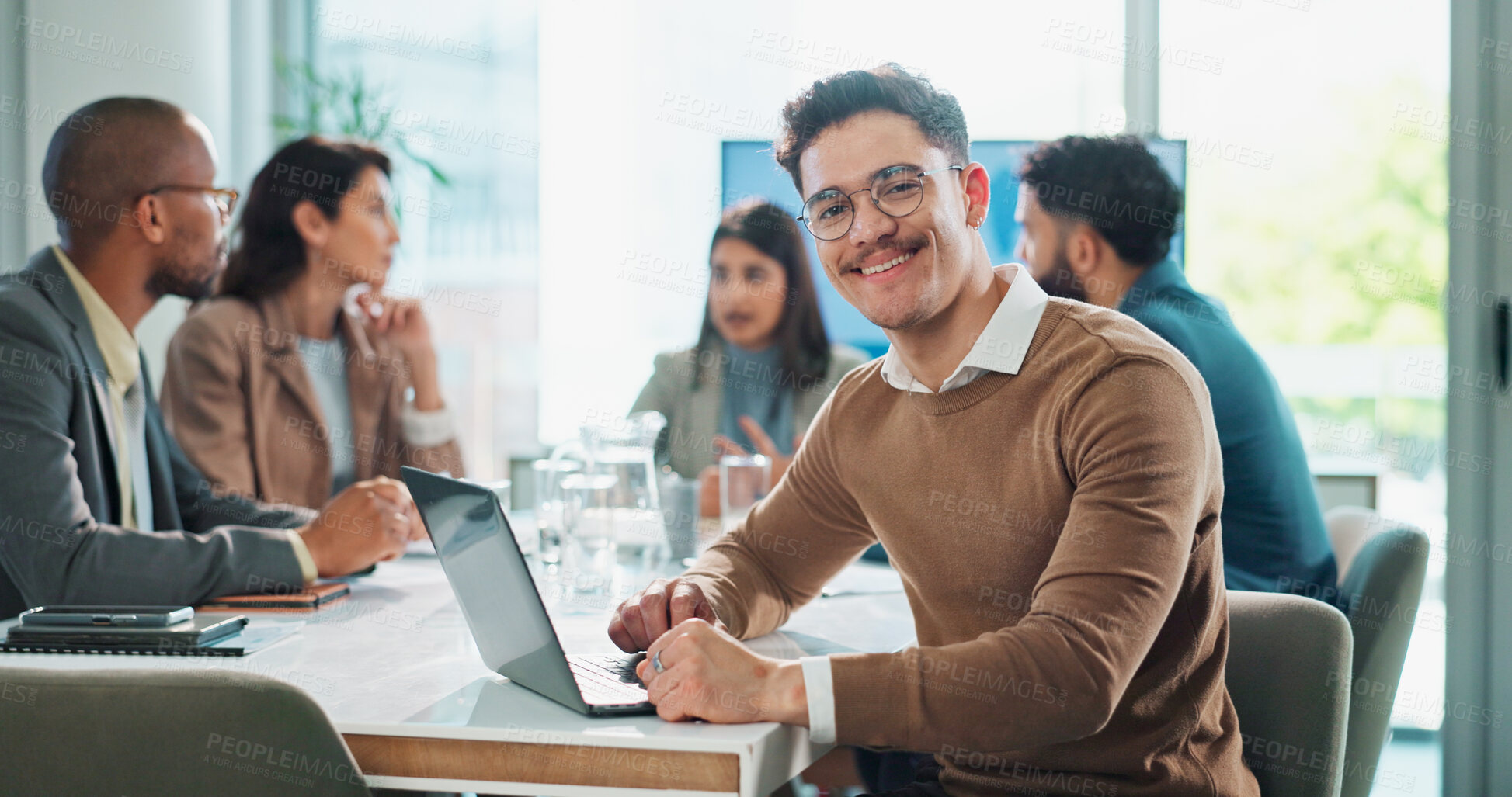 Buy stock photo Businessman, portrait and laptop in meeting with research, proposal and planning at finance job. Office, accountant or online bookkeeper with website for company revenue, growth and internship