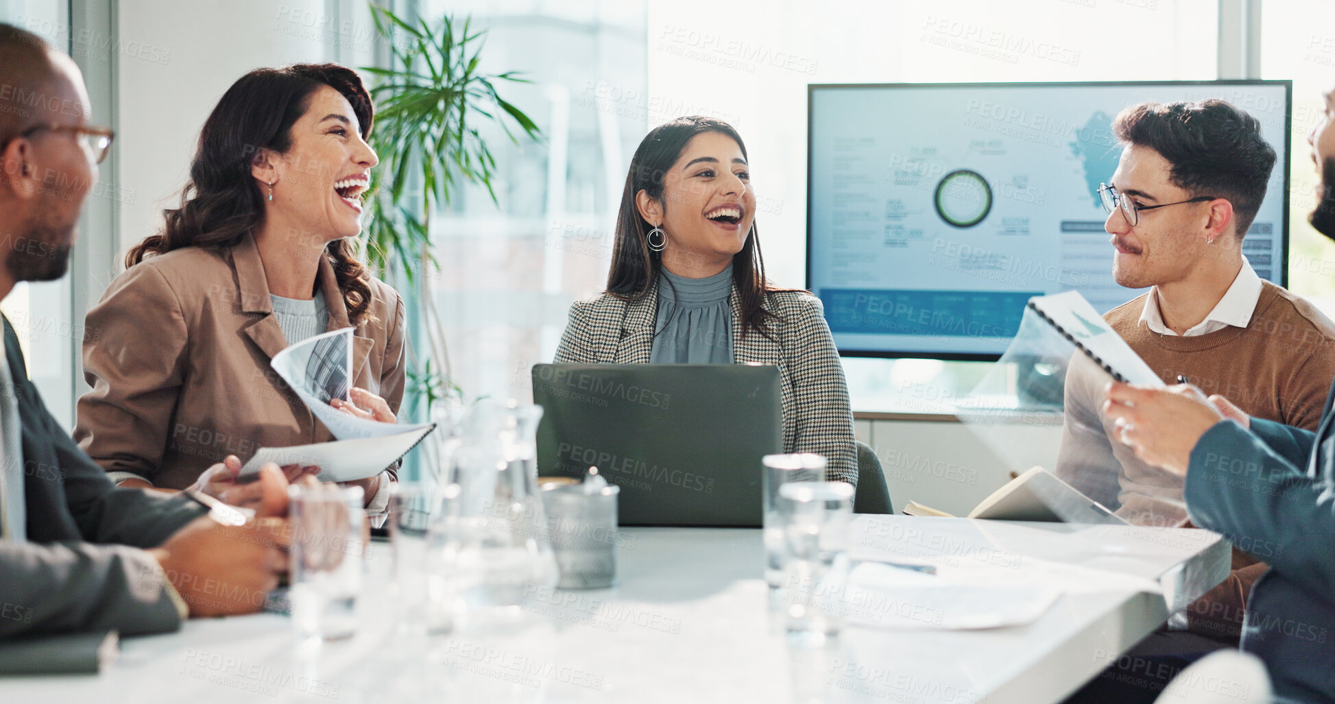 Buy stock photo Laughing, finance or business people meeting with project for feedback, discussion or teamwork. Revenue report, happy or financial advisor talking to economists for economy news or planning together