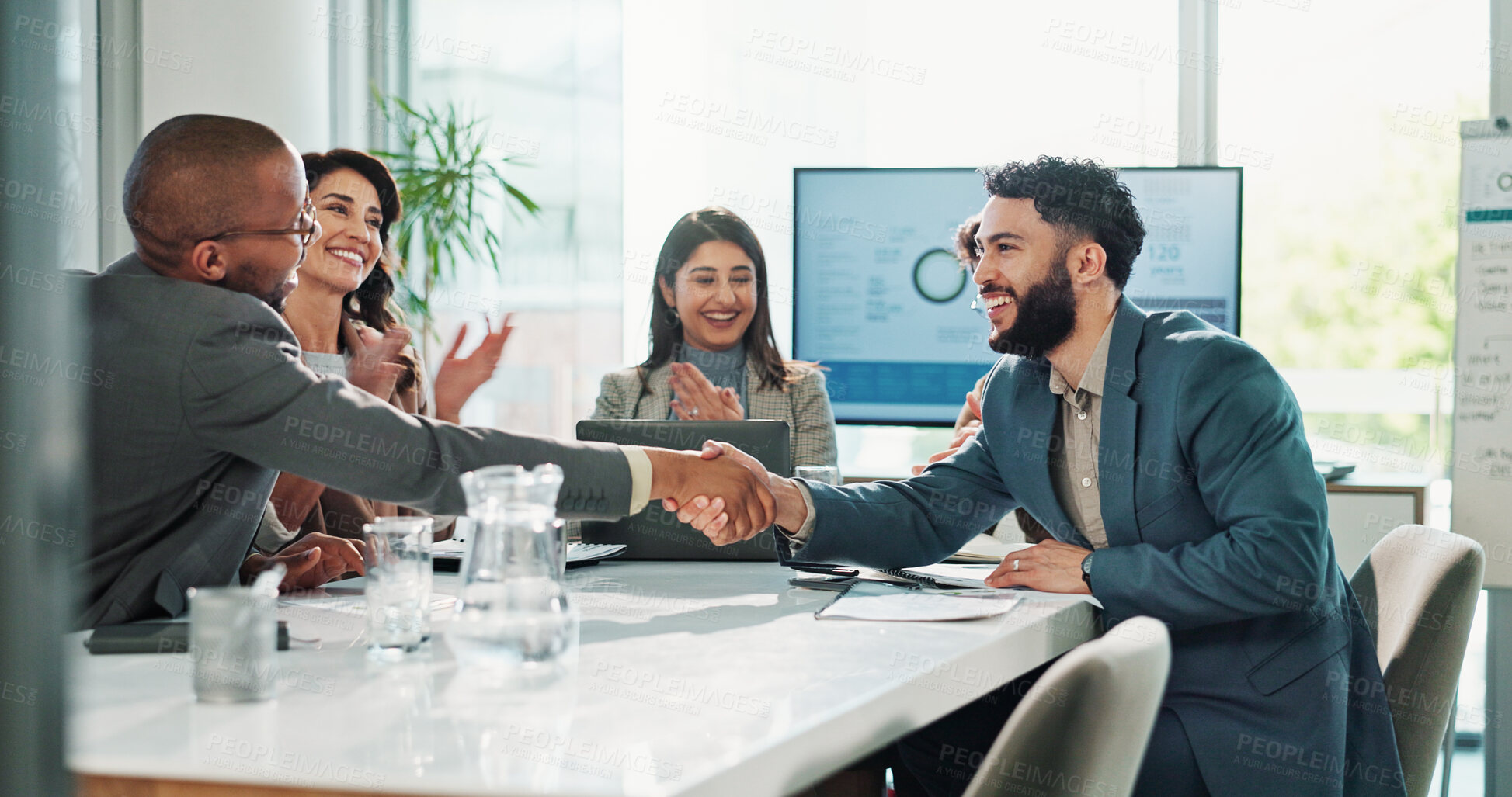Buy stock photo Businessmen, handshake or meeting with team applause for deal, agreement or success at office. Group, employees or colleagues shaking hands or clapping for business collaboration, winning or contract