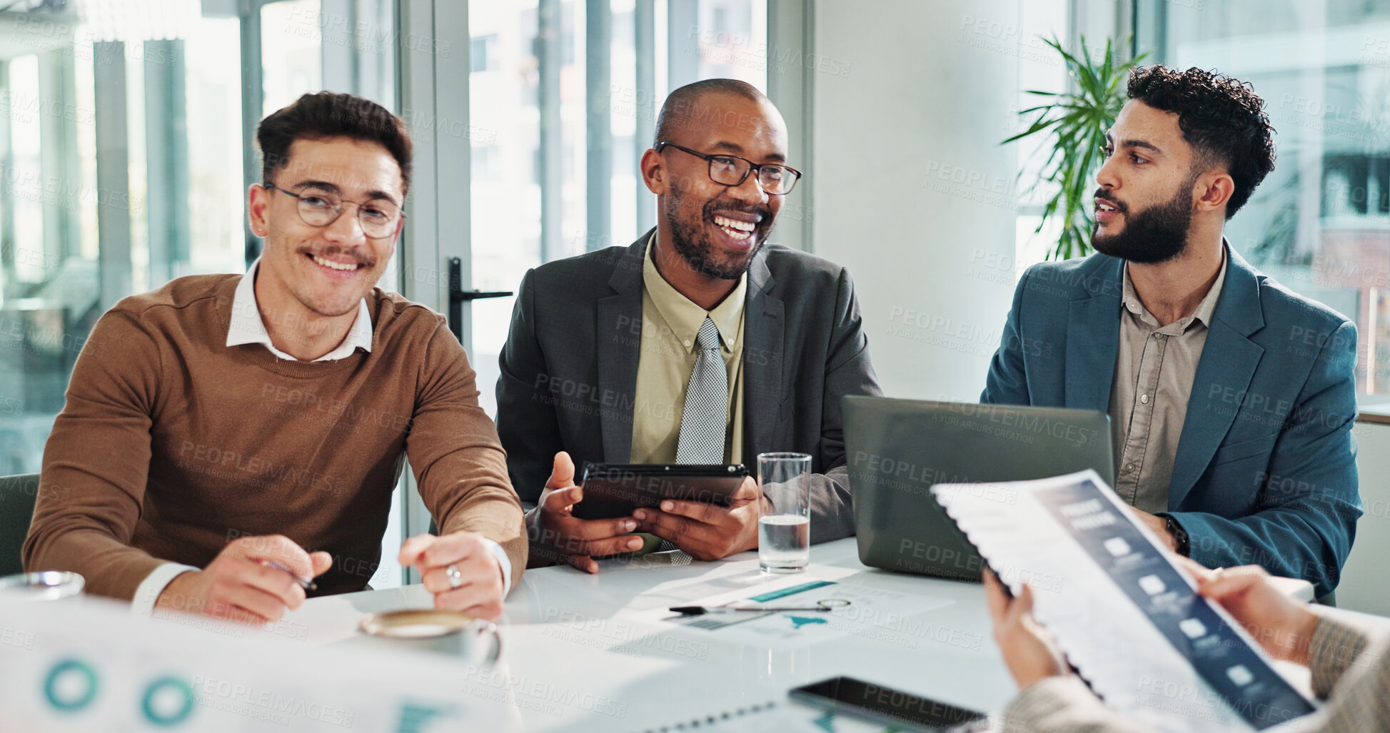 Buy stock photo Happy, finance or business people meeting with portfolio feedback, tablet or teamwork. Revenue report, laptop or financial advisor talking to economist for economy good news or planning documents
