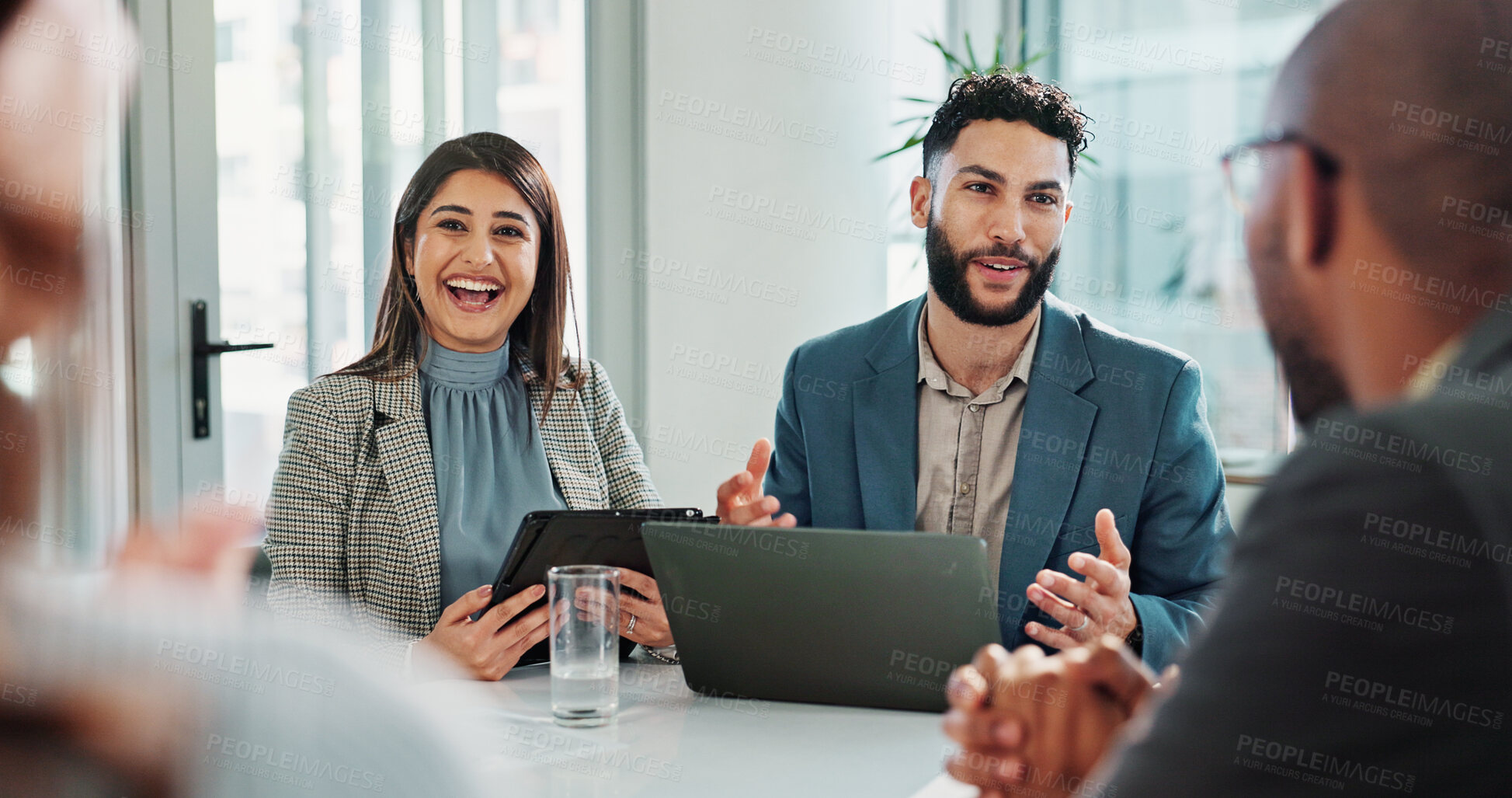 Buy stock photo Meeting, talking or business people on laptop for results, feedback discussion or teamwork. Corporate review, happy or financial advisor speaking of economic news report, investment and growth profit