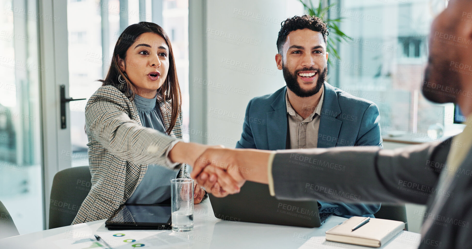 Buy stock photo Happy, finance or business people meeting with portfolio feedback, tablet or teamwork. Revenue report, laptop or financial advisor talking to economist for economy good news or planning documents