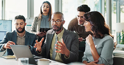 Buy stock photo Meeting, talking or business people on laptop for finance feedback and discussion or teamwork. Corporate review, financial or professional employees reading for economic report, investment and online