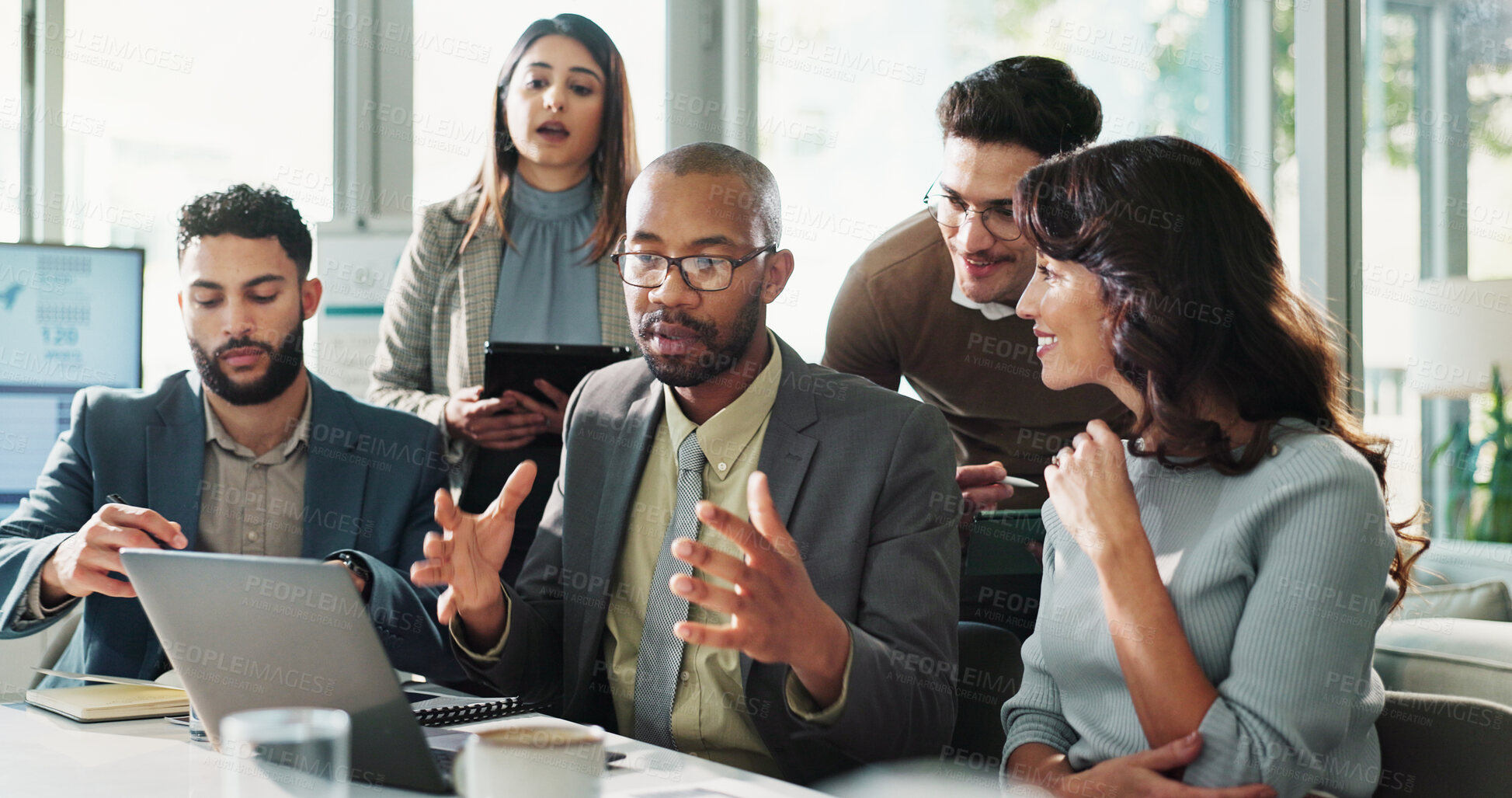 Buy stock photo Meeting, talking or business people on laptop for finance feedback and discussion or teamwork. Corporate review, financial or professional employees reading for economic report, investment and online