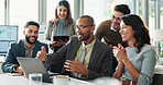 Excited business people, winner and applause in promotion, announcement or negotiation success at office. Group of employees, clapping or celebration for partnership, prize or workplace contract goal