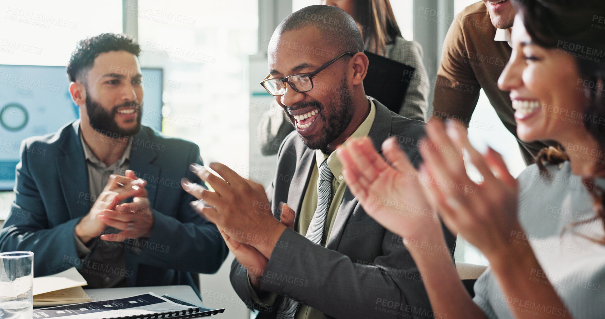Buy stock photo Excited businessman, winner and celebration in promotion, announcement or negotiation success at office. Group of employees, clapping or applause for partnership, prize or workplace contract goal