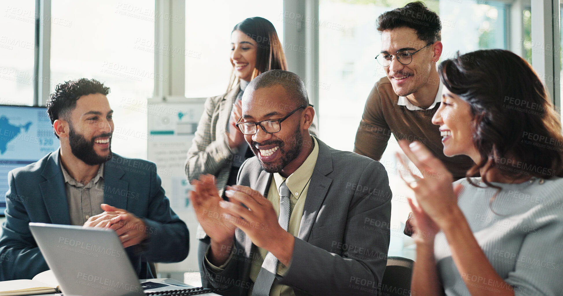 Buy stock photo Excited business people, winner and celebration in promotion, announcement or negotiation success at office. Group of employees, clapping or applause for partnership, prize or workplace contract goal