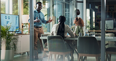 Buy stock photo Meeting, presentation and man in office with planning, statistics and strategy data for ideas. Growth, development or business people in conference room for discussion, advice and team sales analysis