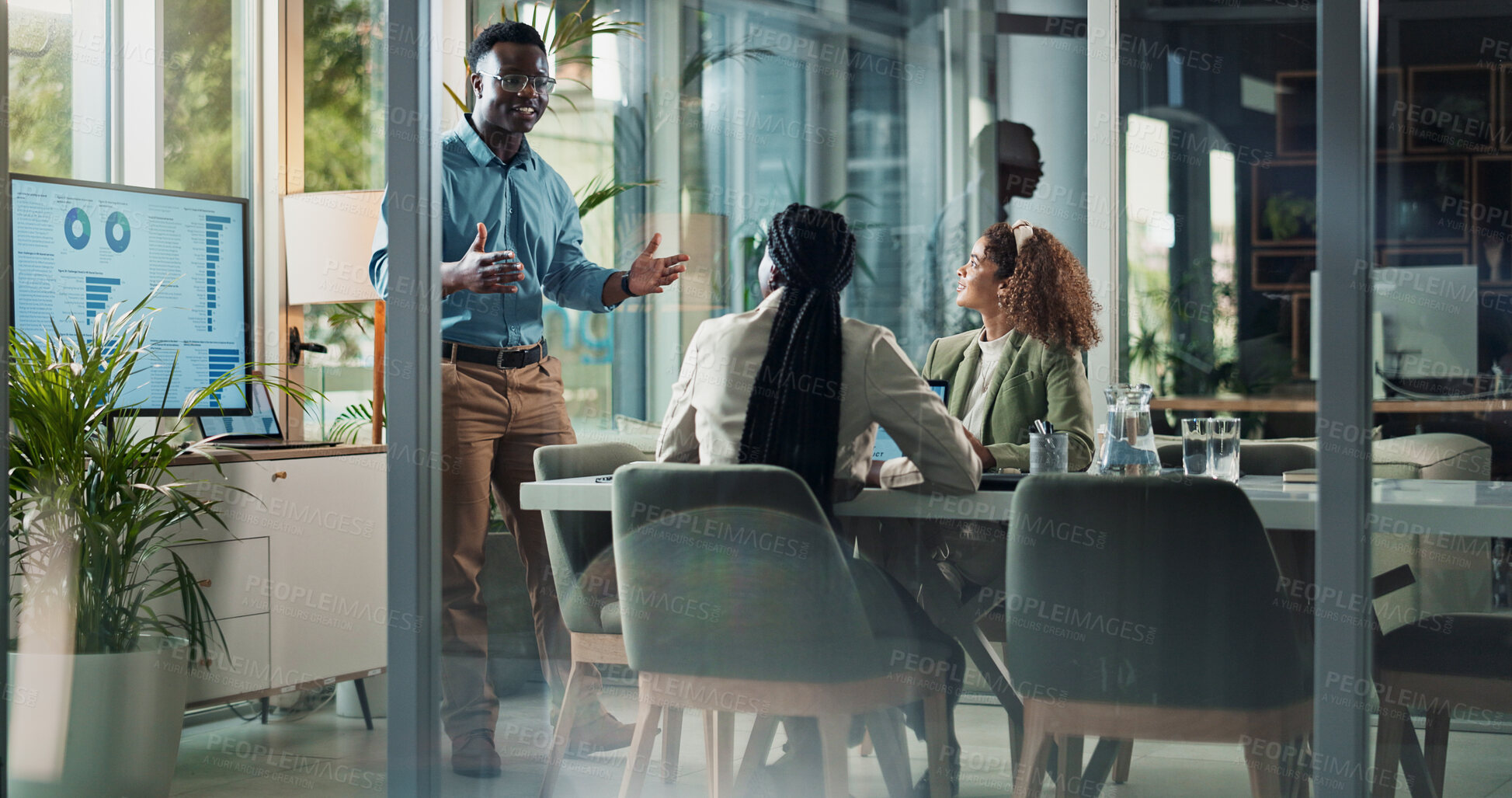 Buy stock photo Meeting, presentation and man in office with planning, statistics and strategy data for ideas. Growth, development or business people in conference room for discussion, advice and team sales analysis