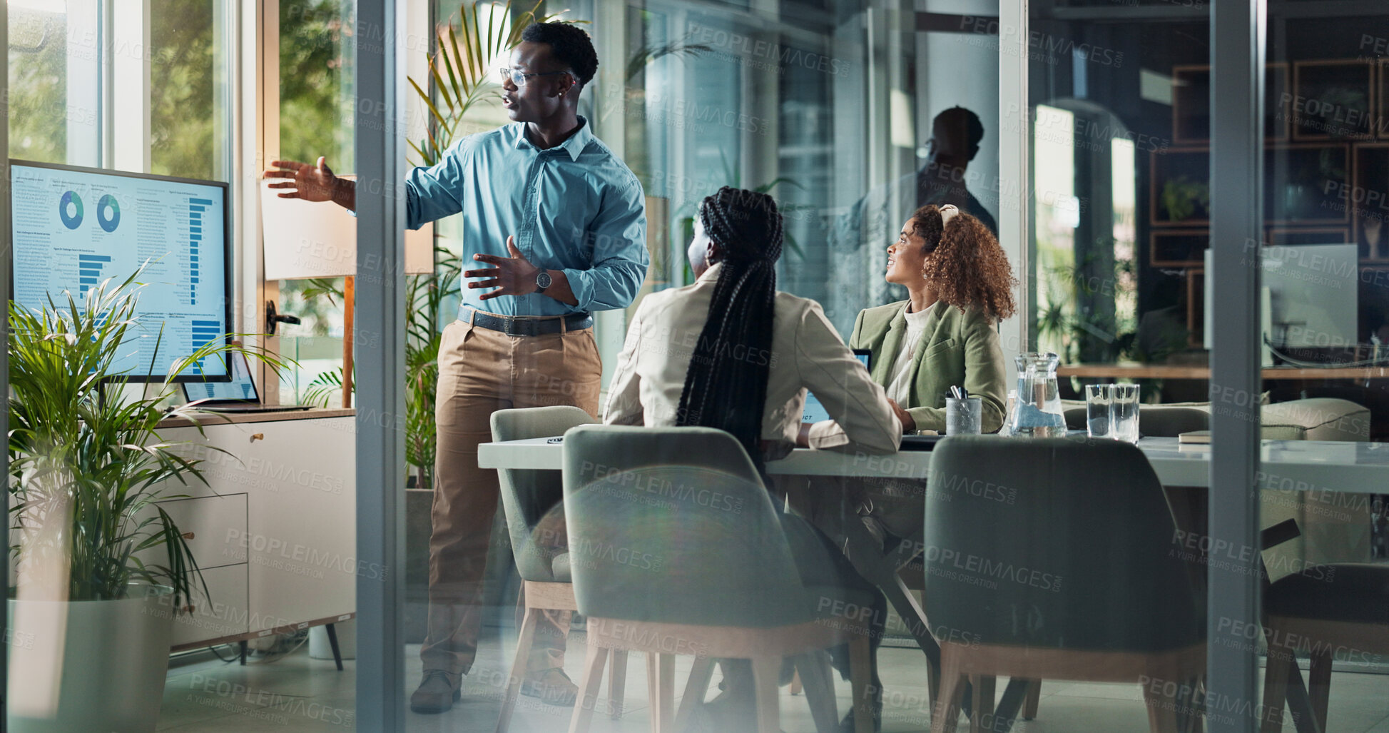 Buy stock photo Meeting, presentation and man in office with statistics for planning, strategy data and ideas. Growth, development or business people in conference room for discussion, advice and team sales analysis