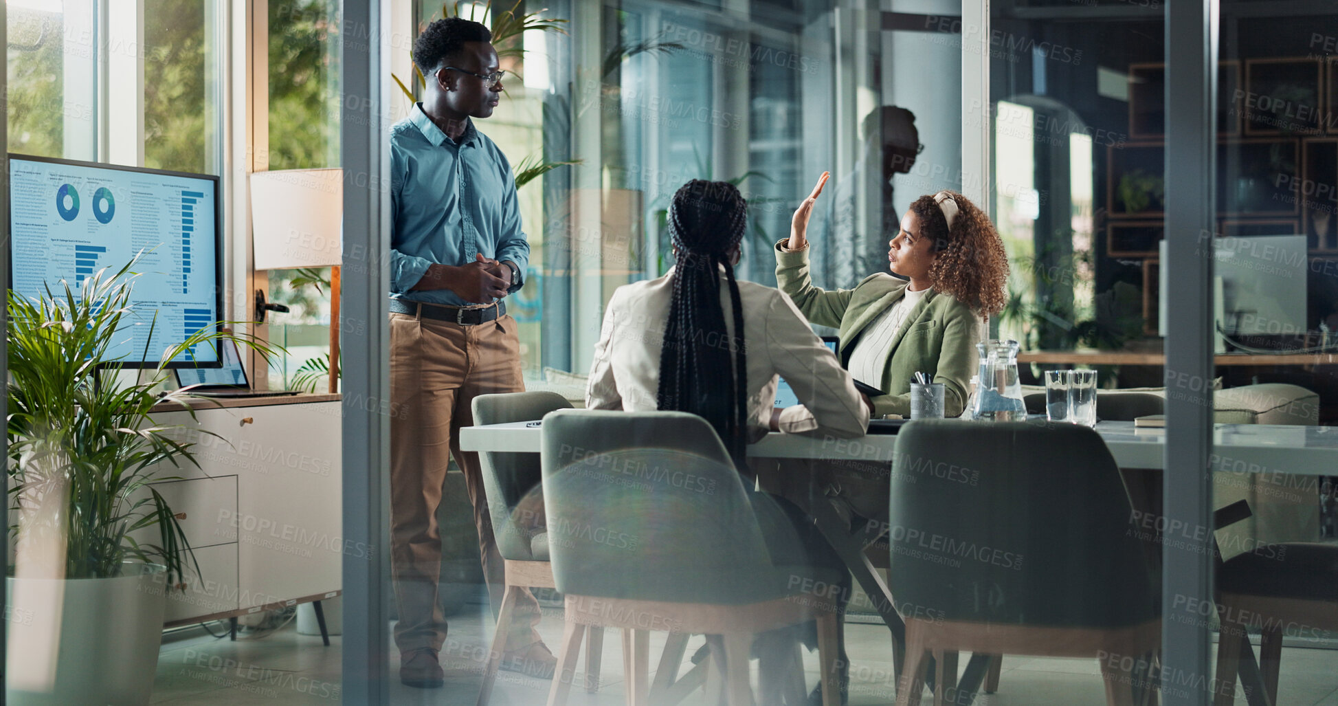 Buy stock photo Meeting, presentation and man in office with question for planning, strategy data and ideas. Growth, development and business people in conference room for discussion, advice and team sales analysis