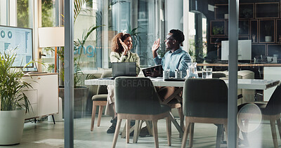 Buy stock photo Business woman, man and high five in office for b2b deal, agreement and goals with tablet at startup. People, partner and celebration for performance, profit and cheers with laptop at finance agency