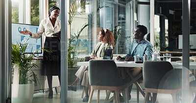 Buy stock photo Presentation, speaker and business woman in meeting for planning, teamwork or data analysis. Company profit, sales report and workshop with people in finance firm for investment, monitor and research