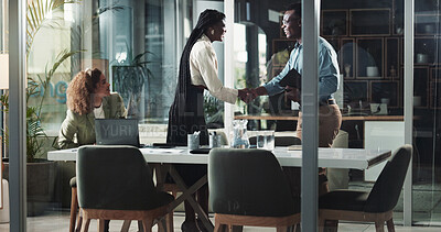 Buy stock photo Business woman, man and handshake in office for b2b deal, agreement or welcome with hello at startup. People, partnership and shaking hands for congratulations, thanks or promotion at creative agency