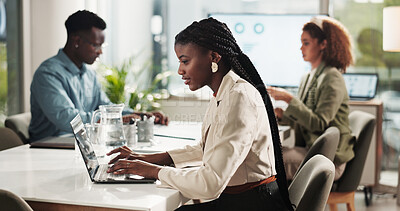 Buy stock photo Meeting, typing and woman in office with laptop for research, data analysis or business report at startup. Computer, web idea and businesswoman in boardroom planning online schedule at digital agency