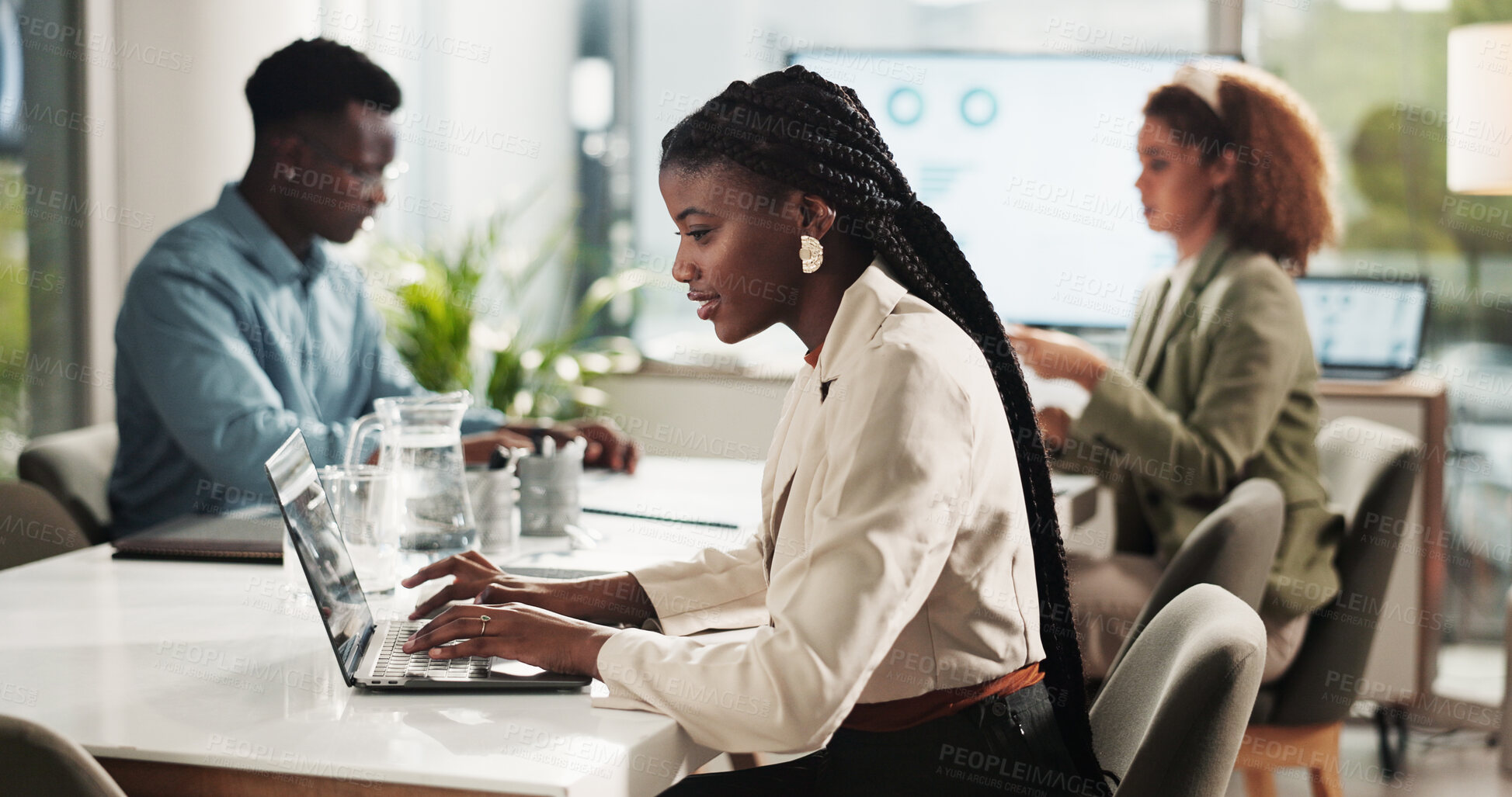 Buy stock photo Meeting, typing and woman in office with laptop for research, data analysis or business report at startup. Computer, web idea and businesswoman in boardroom planning online schedule at digital agency