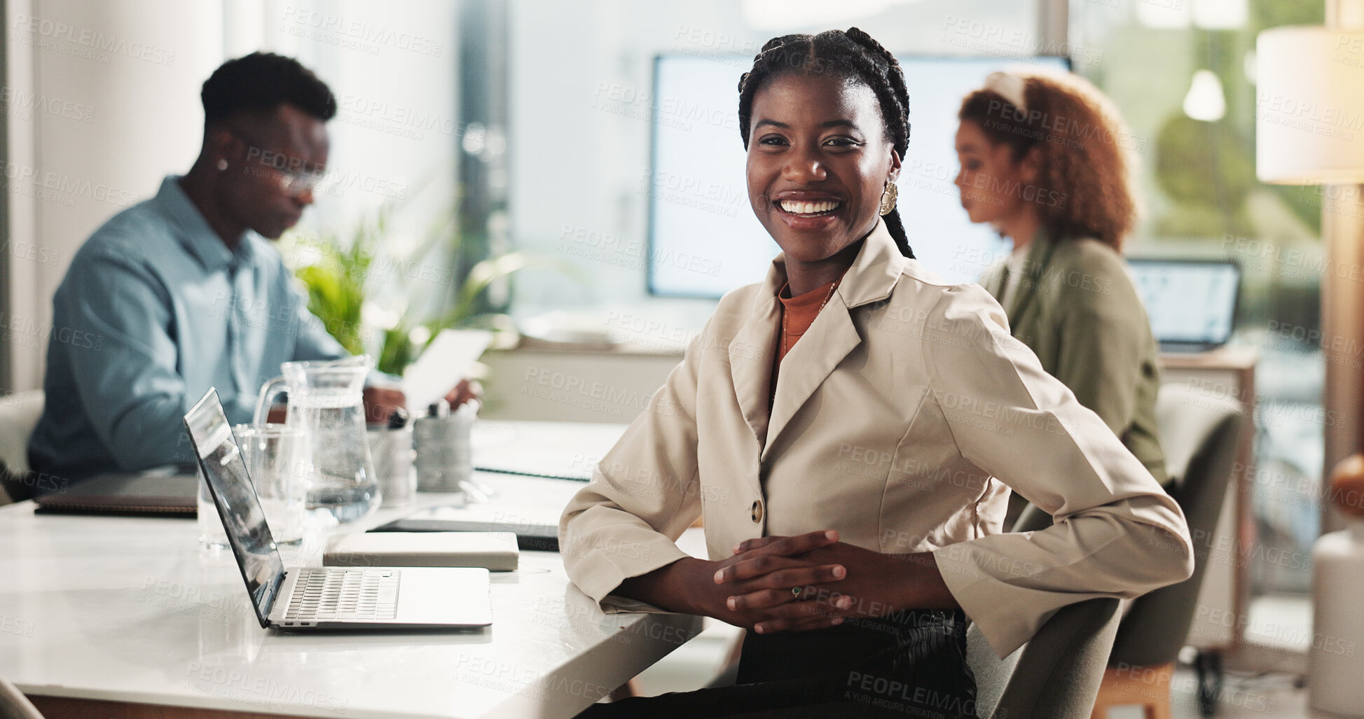 Buy stock photo Meeting, portrait and happy woman in office with laptop for research, data analysis or business report. Computer, confidence and businesswoman in boardroom planning online schedule at digital agency