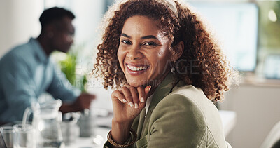 Buy stock photo Portrait, smile and business woman in office for career, opportunity and job in creative startup agency. Face, confidence and African employee, entrepreneur or skilled brand strategist or manager