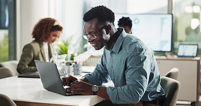 Buy stock photo Business, black man and laptop in office for typing finance report, administration or online banking review. Bookkeeping, accountant or happy with company budget analysis or corporate funding account