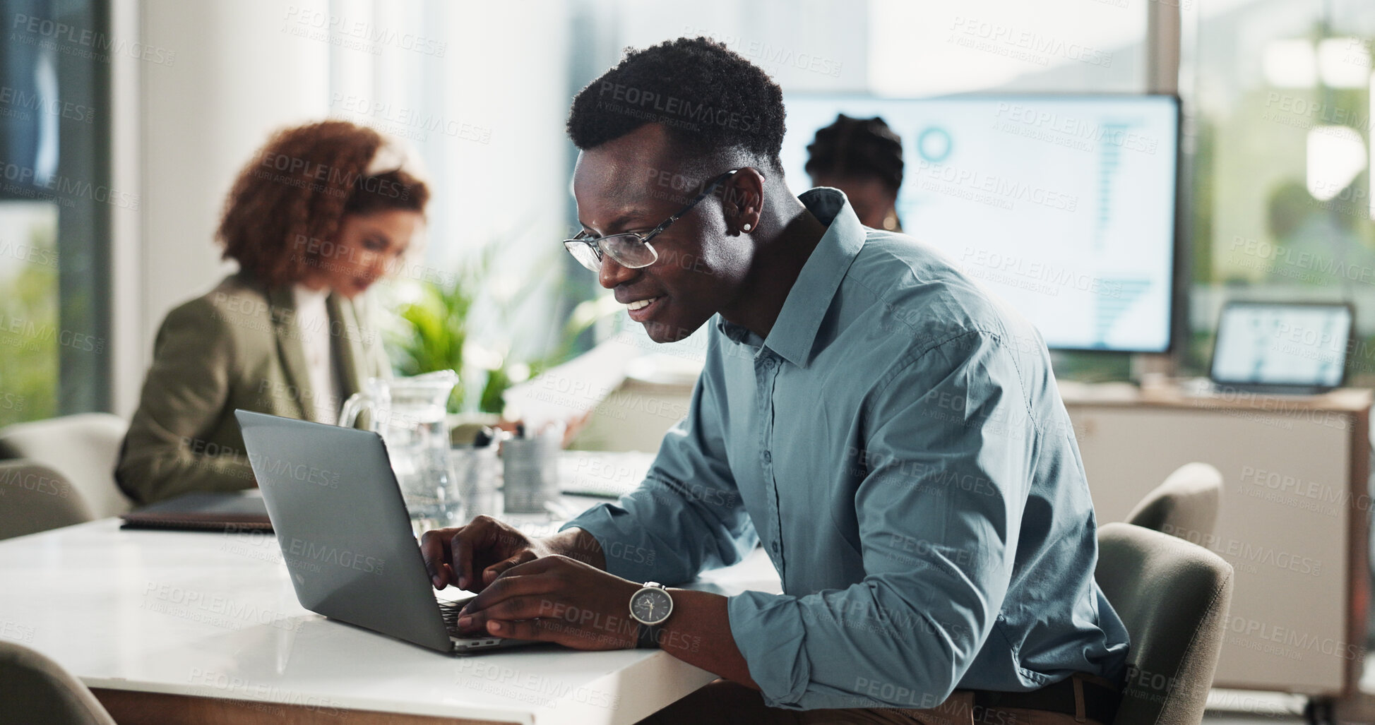 Buy stock photo Business, black man and laptop in office for typing finance report, administration or online banking review. Bookkeeping, accountant or happy with company budget analysis or corporate funding account