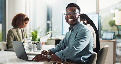Thinking, smile and black man with laptop in business office for vision, solution or idea in creative startup. Planning, computer and happy worker with reflection, insight or copywriting inspiration