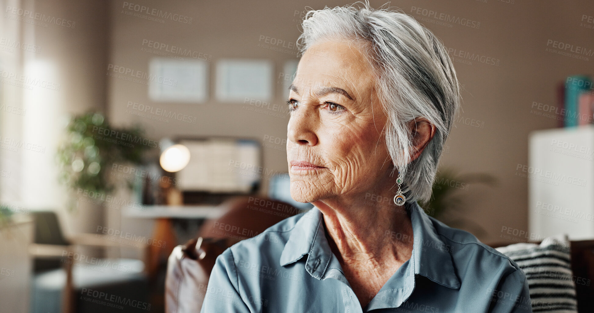 Buy stock photo Senior woman, thinking and couch for mental health, lonely or grief in home with nostalgia in retirement. Elderly person, vision and sofa for depression, anxiety and sad with past memory or wondering