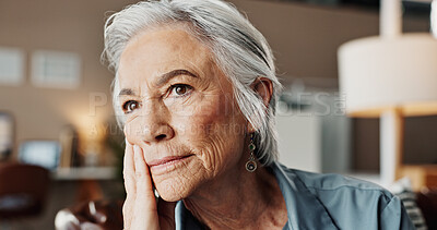 Buy stock photo Senior woman, thinking and home with mental health, grief and sad from alzheimer news in retirement. Idea, living room and mourning with depression, lonely and memory loss with worry and stress
