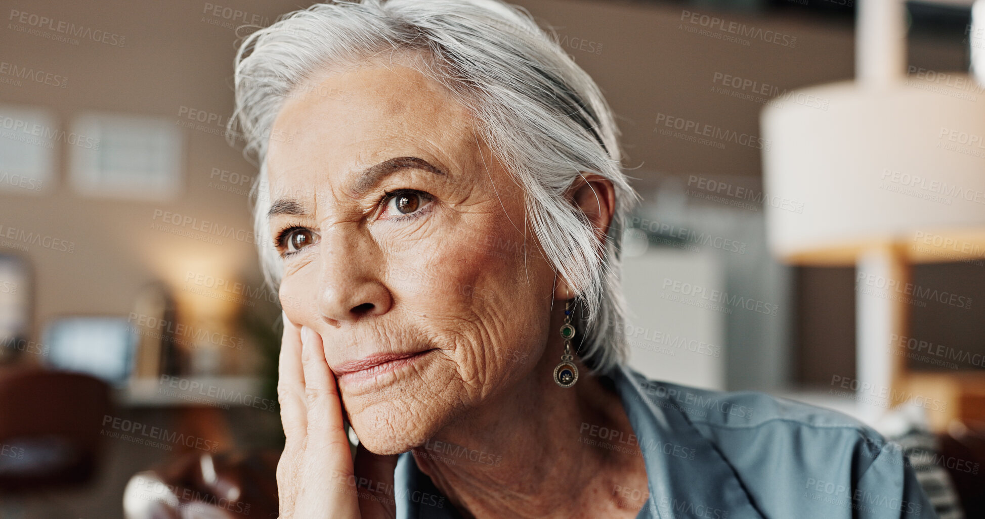Buy stock photo Senior woman, thinking and home with mental health, grief and sad from alzheimer news in retirement. Idea, living room and mourning with depression, lonely and memory loss with worry and stress