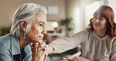 Buy stock photo Psychologist, talking and senior woman with support and mental health assessment in consultation. Sad, empathy and care with counseling, psychology and evaluation with advice in office for help