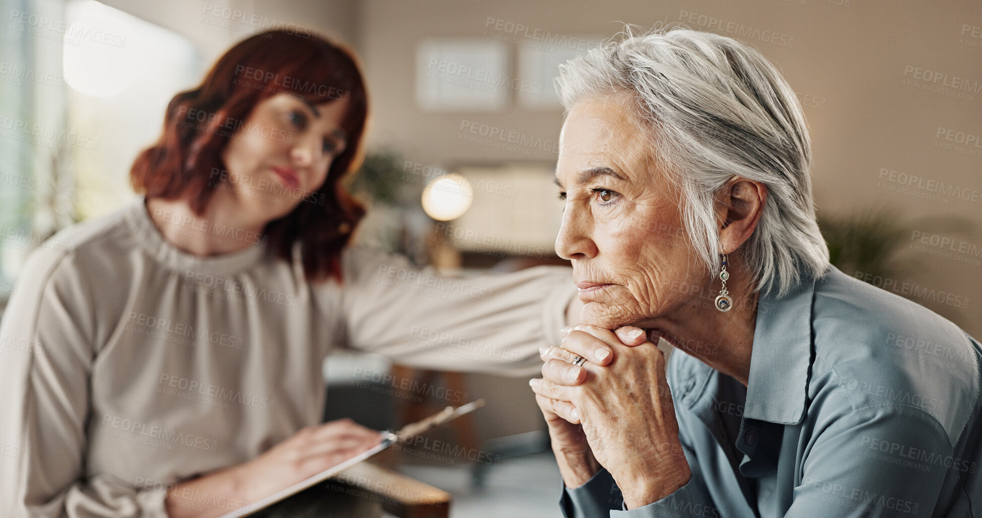 Buy stock photo Psychologist, thinking and senior woman with depression and mental health assessment in consultation. Writing, support and care with counseling, psychology and evaluation with advice in office