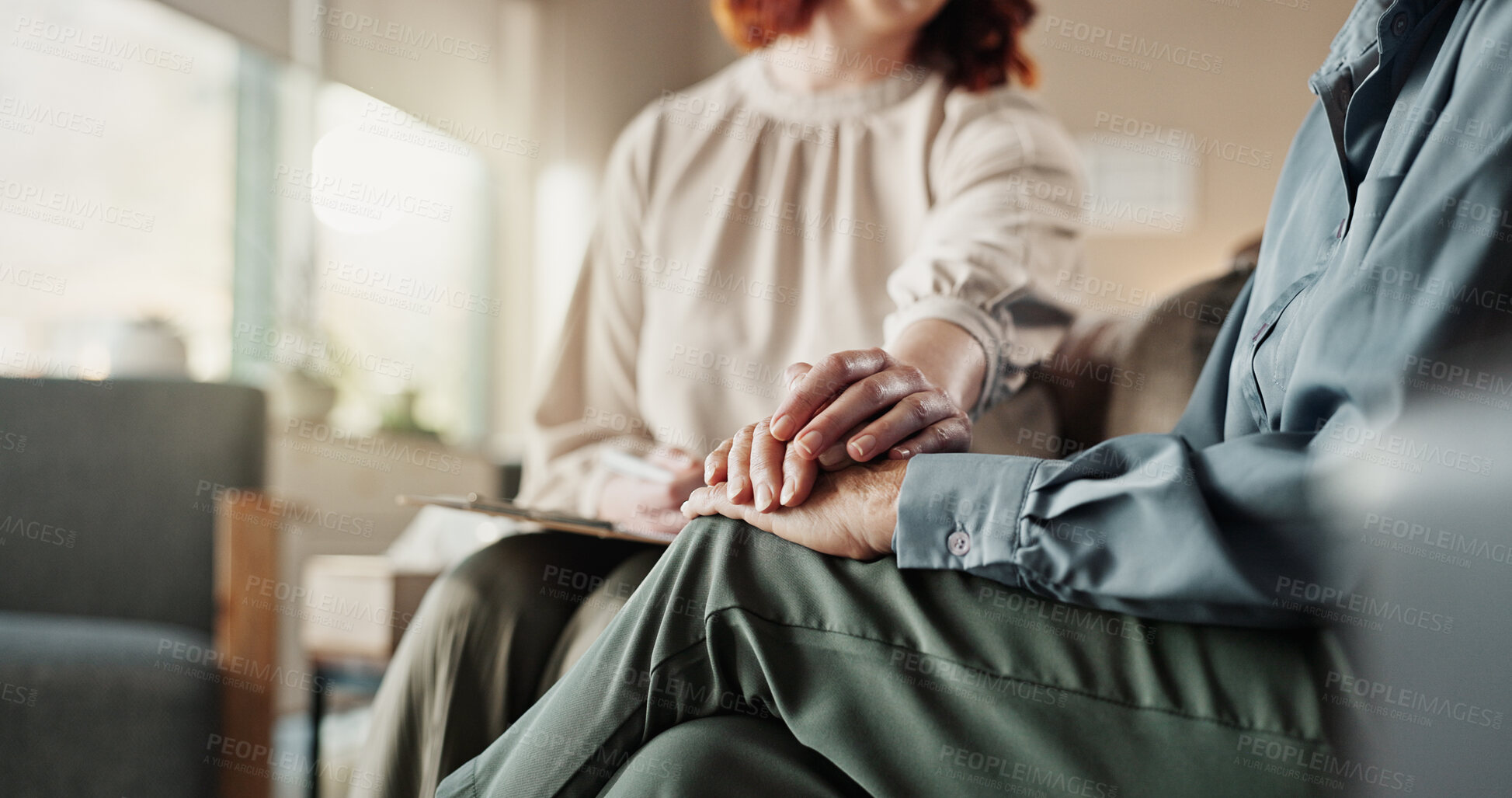 Buy stock photo Helping hand, doctor and patient for therapy in clinic for examination, support and conversation. Female people, psychologist and advice for wellness, mental health or medical services for depression