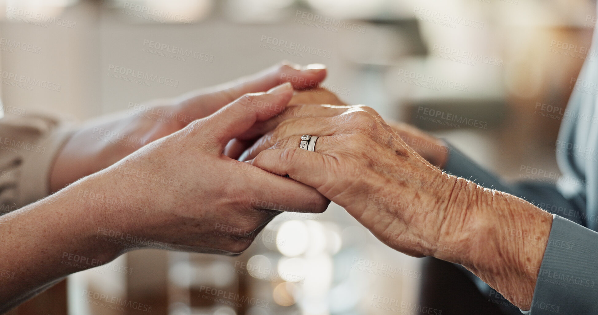 Buy stock photo Holding hands, caregiver and patient for support in clinic for examination, therapy or conversation. Female people, psychologist and advice for wellness, mental health and consultation in senior care
