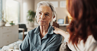 Buy stock photo Psychologist, thinking and senior woman with empathy and mental health assessment in consultation. Stress, support and care with counseling, psychology and kindness with advice in office for help